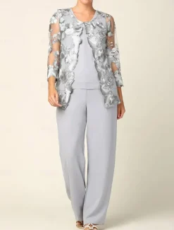 Pantsuit 3 Piece Mother of the Bride Dress Elegant Crew Neck Floor Length Chiffon Long Sleeve Wrap Included with Lace Embroidery