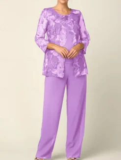 Pantsuit 3 Piece Mother of the Bride Dress Elegant Crew Neck Floor Length Chiffon Long Sleeve Wrap Included with Lace Embroidery