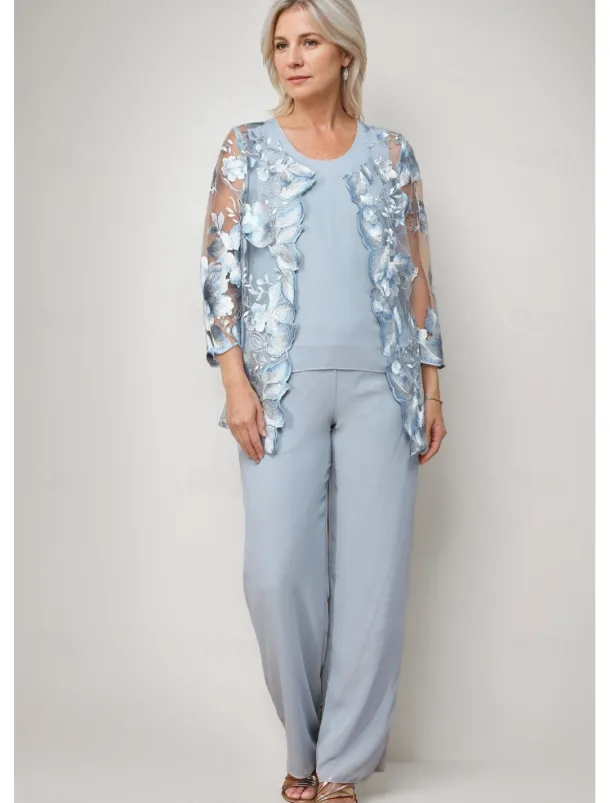 Pantsuit 3 Piece Mother of the Bride Dress Elegant Crew Neck Floor Length Chiffon Long Sleeve Wrap Included with Lace Embroidery