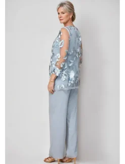 Pantsuit 3 Piece Mother of the Bride Dress Elegant Crew Neck Floor Length Chiffon Long Sleeve Wrap Included with Lace Embroidery