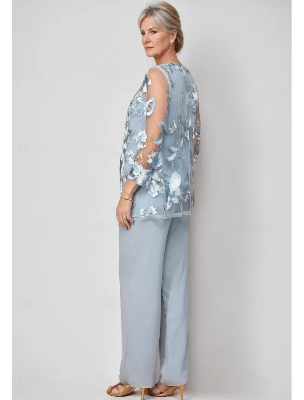 Pantsuit 3 Piece Mother of the Bride Dress Elegant Crew Neck Floor Length Chiffon Long Sleeve Wrap Included with Lace Embroidery