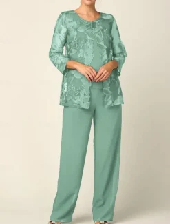 Pantsuit 3 Piece Mother of the Bride Dress Elegant Crew Neck Floor Length Chiffon Long Sleeve Wrap Included with Lace Embroidery