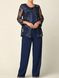 Pantsuit 3 Piece Mother of the Bride Dress Elegant Crew Neck Floor Length Chiffon Long Sleeve Wrap Included with Lace Embroidery