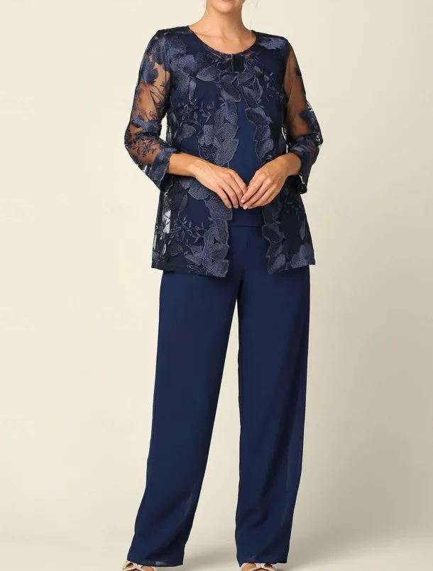 Pantsuit 3 Piece Mother of the Bride Dress Elegant Crew Neck Floor Length Chiffon Long Sleeve Wrap Included with Lace Embroidery