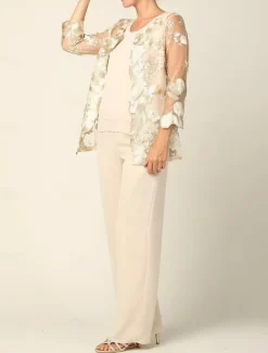 Pantsuit 3 Piece Mother of the Bride Dress Elegant Crew Neck Floor Length Chiffon Long Sleeve Wrap Included with Lace Embroidery