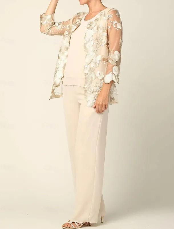 Pantsuit 3 Piece Mother of the Bride Dress Elegant Crew Neck Floor Length Chiffon Long Sleeve Wrap Included with Lace Embroidery