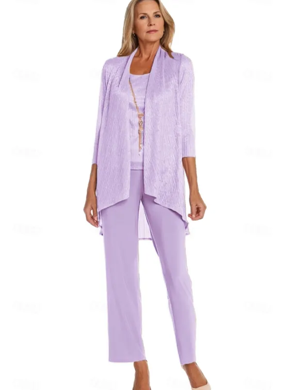 Pantsuit 3 Piece Mother of the Bride Formal Elegant Crew Neck Floor Length Chiffon Long Sleeve Wrap Included with Lace Cascading Ruffles Ruching