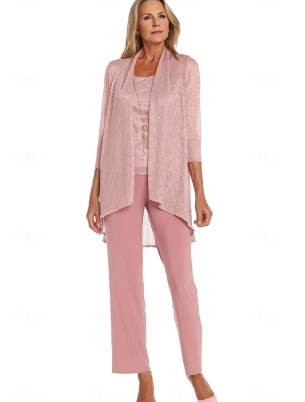 Pantsuit 3 Piece Mother of the Bride Formal Elegant Crew Neck Floor Length Chiffon Long Sleeve Wrap Included with Lace Cascading Ruffles Ruching