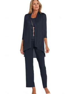 Pantsuit 3 Piece Mother of the Bride Formal Elegant Crew Neck Floor Length Chiffon Long Sleeve Wrap Included with Lace Cascading Ruffles Ruching