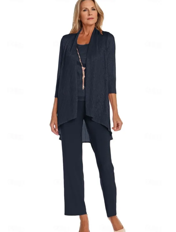 Pantsuit 3 Piece Mother of the Bride Formal Elegant Crew Neck Floor Length Chiffon Long Sleeve Wrap Included with Lace Cascading Ruffles Ruching