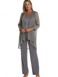 Pantsuit 3 Piece Mother of the Bride Formal Elegant Crew Neck Floor Length Chiffon Long Sleeve Wrap Included with Lace Cascading Ruffles Ruching