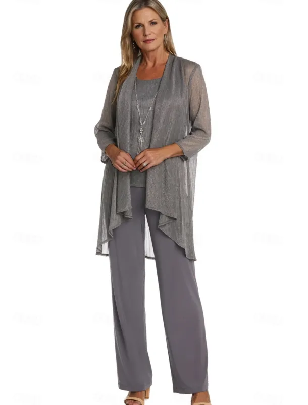 Pantsuit 3 Piece Mother of the Bride Formal Elegant Crew Neck Floor Length Chiffon Long Sleeve Wrap Included with Lace Cascading Ruffles Ruching