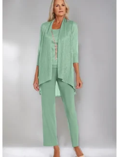 Pantsuit 3 Piece Mother of the Bride Formal Elegant Crew Neck Floor Length Chiffon Long Sleeve Wrap Included with Lace Cascading Ruffles Ruching