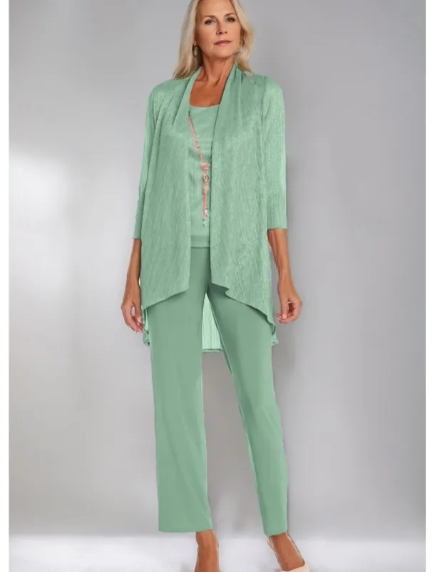 Pantsuit 3 Piece Mother of the Bride Formal Elegant Crew Neck Floor Length Chiffon Long Sleeve Wrap Included with Lace Cascading Ruffles Ruching