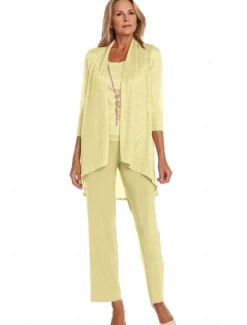 Pantsuit 3 Piece Mother of the Bride Formal Elegant Crew Neck Floor Length Chiffon Long Sleeve Wrap Included with Lace Cascading Ruffles Ruching