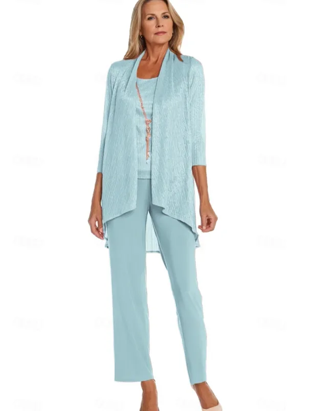 Pantsuit 3 Piece Mother of the Bride Formal Elegant Crew Neck Floor Length Chiffon Long Sleeve Wrap Included with Lace Cascading Ruffles Ruching