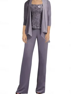 Pantsuit Mother of the Bride Dress Wedding Guest Elegant Simple Scoop Neck Floor Length Polyester Long Sleeve with Appliques Solid Color