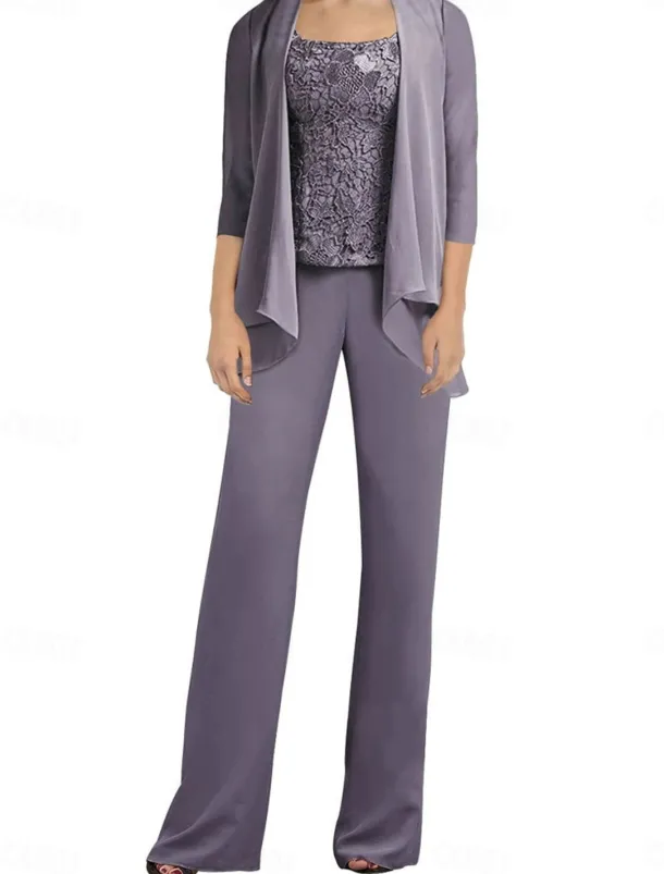 Pantsuit Mother of the Bride Dress Wedding Guest Elegant Simple Scoop Neck Floor Length Polyester Long Sleeve with Appliques Solid Color