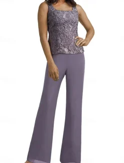 Pantsuit Mother of the Bride Dress Wedding Guest Elegant Simple Scoop Neck Floor Length Polyester Long Sleeve with Appliques Solid Color
