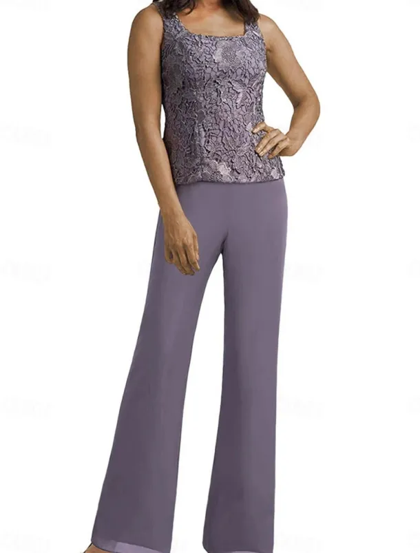 Pantsuit Mother of the Bride Dress Wedding Guest Elegant Simple Scoop Neck Floor Length Polyester Long Sleeve with Appliques Solid Color