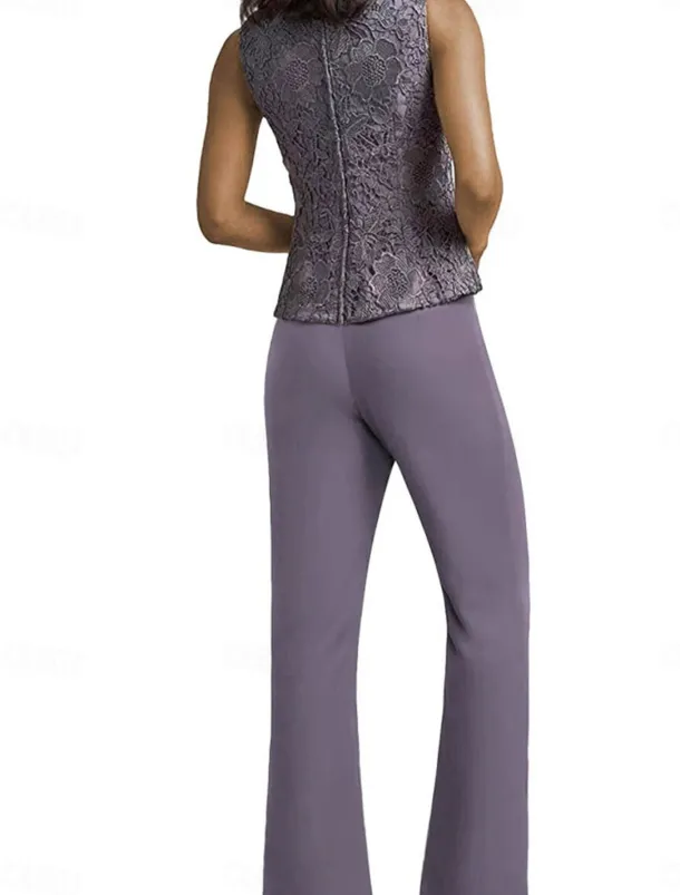 Pantsuit Mother of the Bride Dress Wedding Guest Elegant Simple Scoop Neck Floor Length Polyester Long Sleeve with Appliques Solid Color