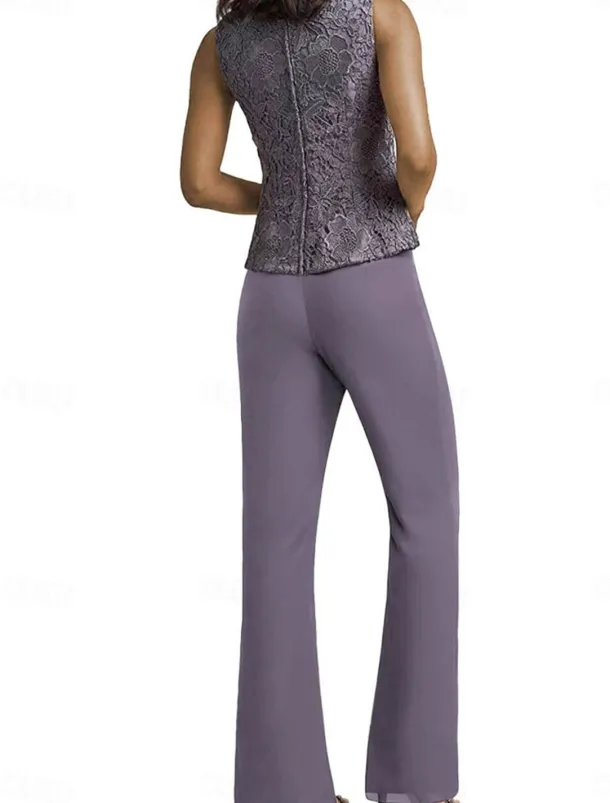 Pantsuit Mother of the Bride Dress Wedding Guest Elegant Simple Scoop Neck Floor Length Polyester Long Sleeve with Appliques Solid Color