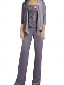 Pantsuit Mother of the Bride Dress Wedding Guest Elegant Simple Scoop Neck Floor Length Polyester Long Sleeve with Appliques Solid Color