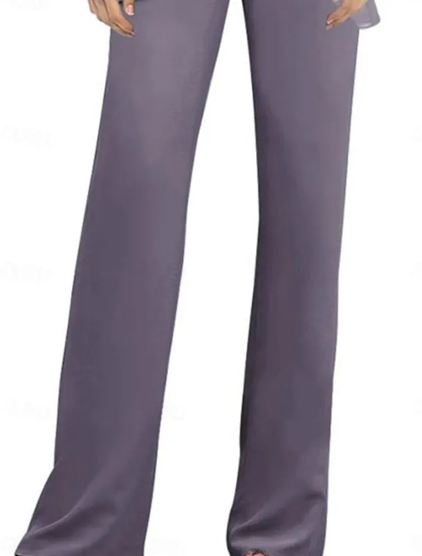 Pantsuit Mother of the Bride Dress Wedding Guest Elegant Simple Scoop Neck Floor Length Polyester Long Sleeve with Appliques Solid Color