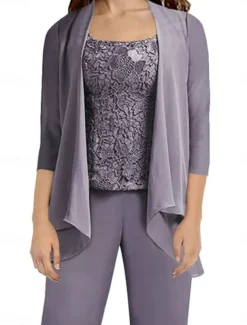 Pantsuit Mother of the Bride Dress Wedding Guest Elegant Simple Scoop Neck Floor Length Polyester Long Sleeve with Appliques Solid Color