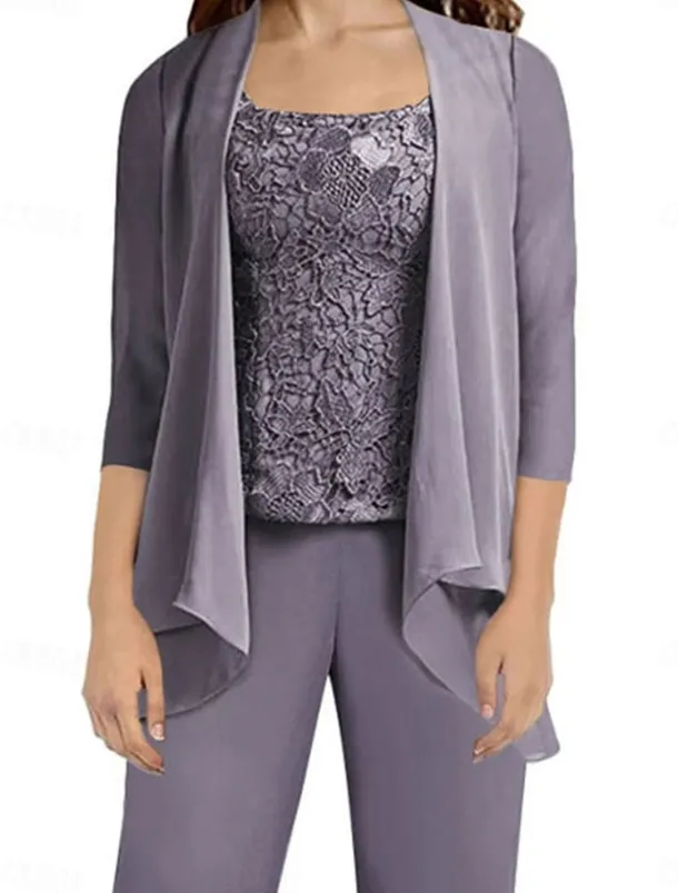 Pantsuit Mother of the Bride Dress Wedding Guest Elegant Simple Scoop Neck Floor Length Polyester Long Sleeve with Appliques Solid Color