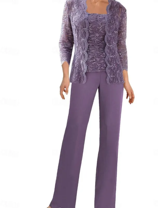 Pantsuit Mother of the Bride Dress Wedding Guest Elegant Simple Square Neck Floor Length Polyester 3/4 Length Sleeve with Solid Color