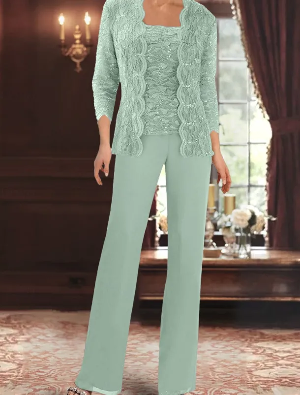 Pantsuit Mother of the Bride Dress Wedding Guest Elegant Simple Square Neck Floor Length Polyester 3/4 Length Sleeve with Solid Color