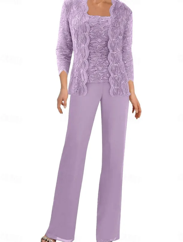 Pantsuit Mother of the Bride Dress Wedding Guest Elegant Simple Square Neck Floor Length Polyester 3/4 Length Sleeve with Solid Color