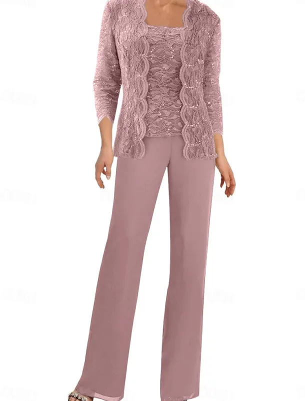 Pantsuit Mother of the Bride Dress Wedding Guest Elegant Simple Square Neck Floor Length Polyester 3/4 Length Sleeve with Solid Color