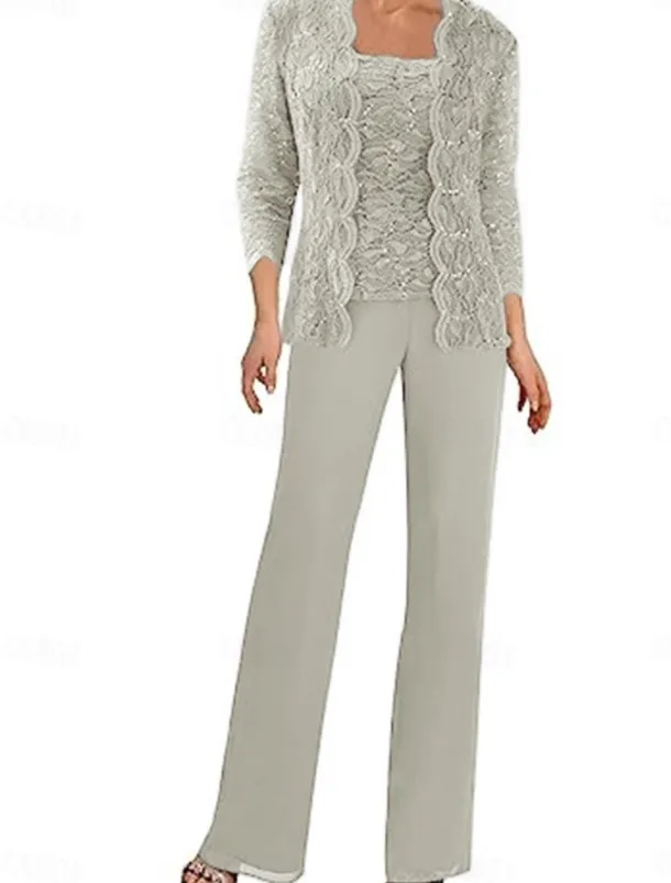 Pantsuit Mother of the Bride Dress Wedding Guest Elegant Simple Square Neck Floor Length Polyester 3/4 Length Sleeve with Solid Color