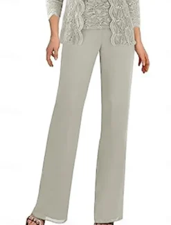 Pantsuit Mother of the Bride Dress Wedding Guest Elegant Simple Square Neck Floor Length Polyester 3/4 Length Sleeve with Solid Color