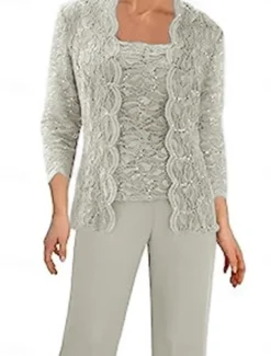 Pantsuit Mother of the Bride Dress Wedding Guest Elegant Simple Square Neck Floor Length Polyester 3/4 Length Sleeve with Solid Color