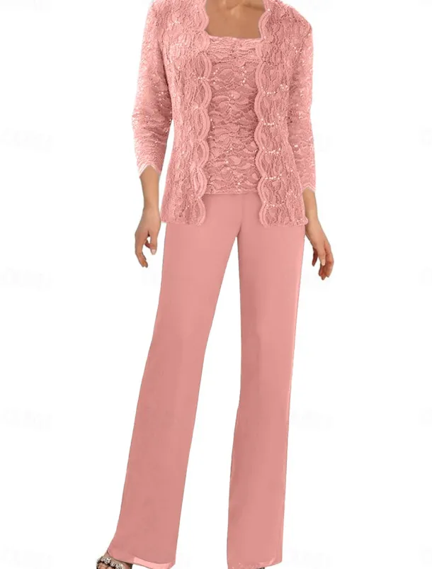 Pantsuit Mother of the Bride Dress Wedding Guest Elegant Simple Square Neck Floor Length Polyester 3/4 Length Sleeve with Solid Color