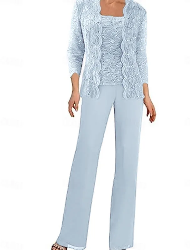 Pantsuit Mother of the Bride Dress Wedding Guest Elegant Simple Square Neck Floor Length Polyester 3/4 Length Sleeve with Solid Color