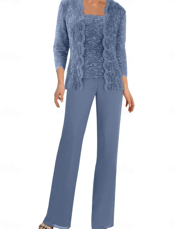 Pantsuit Mother of the Bride Dress Wedding Guest Elegant Simple Square Neck Floor Length Polyester 3/4 Length Sleeve with Solid Color