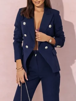 Pantsuit Mother of the Bride Pantsuit Elegant Blazer Lapel Floor Length Long Sleeve with Metal Buttons Solid Color