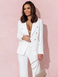 Pantsuit Mother of the Bride Pantsuit Elegant Blazer Lapel Floor Length Long Sleeve with Metal Buttons Solid Color