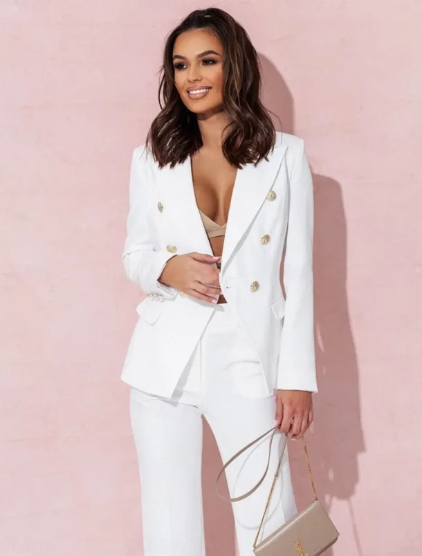 Pantsuit Mother of the Bride Pantsuit Elegant Blazer Lapel Floor Length Long Sleeve with Metal Buttons Solid Color