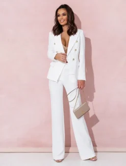 Pantsuit Mother of the Bride Pantsuit Elegant Blazer Lapel Floor Length Long Sleeve with Metal Buttons Solid Color