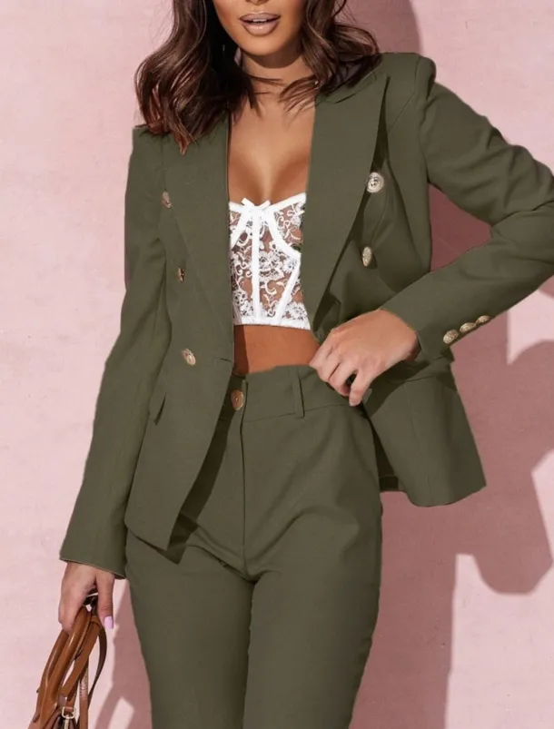 Pantsuit Mother of the Bride Pantsuit Elegant Blazer Lapel Floor Length Long Sleeve with Metal Buttons Solid Color