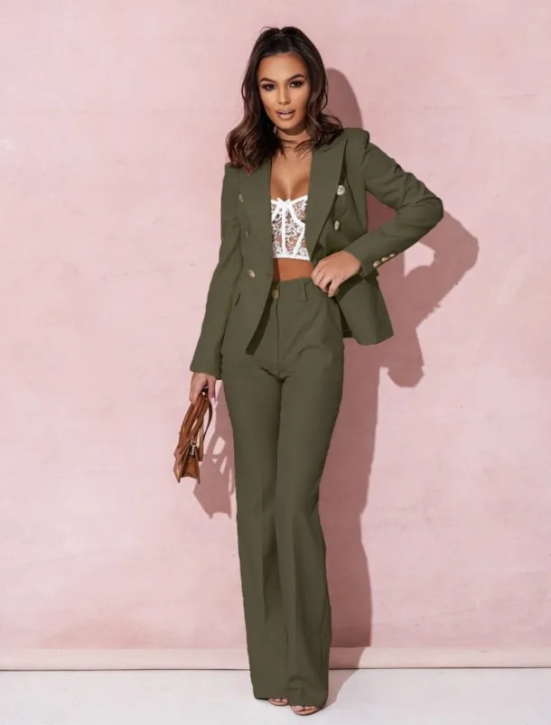 Pantsuit Mother of the Bride Pantsuit Elegant Blazer Lapel Floor Length Long Sleeve with Metal Buttons Solid Color