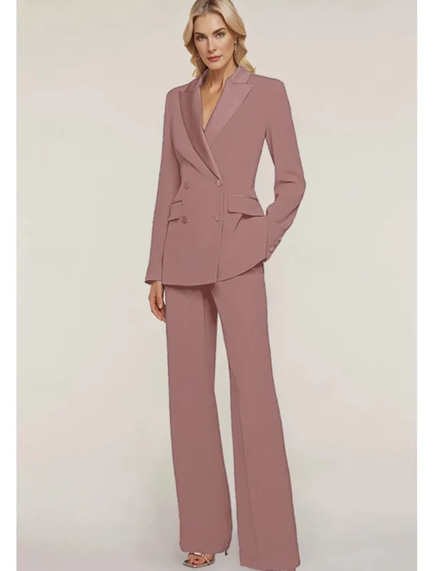 Pantsuit Mother of the Bride Tuxedo Wedding Guest Elegant Ankle Length Long Sleeve with Buttons Solid Color free custom size