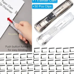 Paper Clam Clip Dispenser Handheld File Document Clipper with 50 Reuseable Stainless Steel Refill Clips for Home Office School