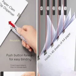 Paper Clam Clip Dispenser Handheld File Document Clipper with 50 Reuseable Stainless Steel Refill Clips for Home Office School