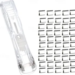 Paper Clam Clip Dispenser Handheld File Document Clipper with 50 Reuseable Stainless Steel Refill Clips for Home Office School